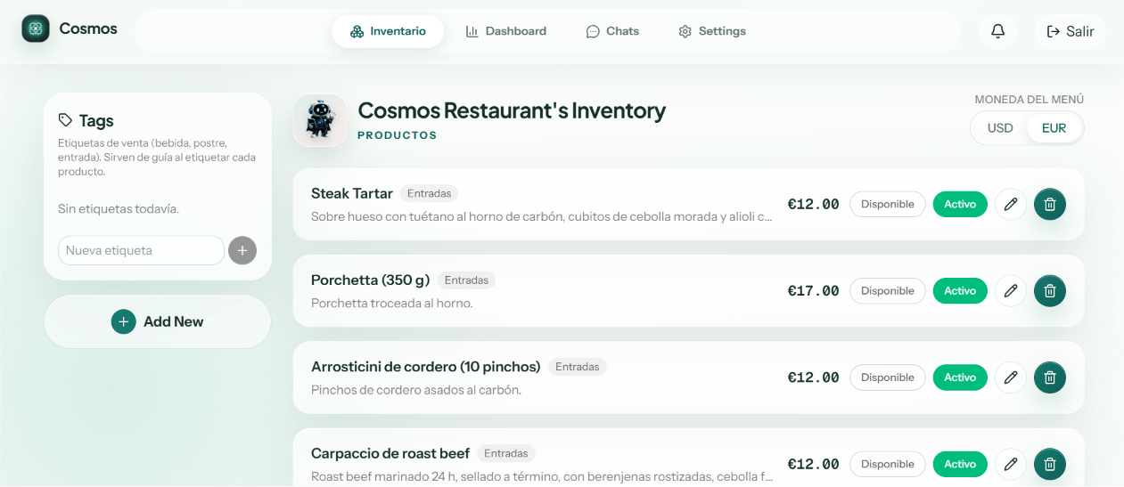 Módulo de inventario de Cosmos con la lista de productos, precios y disponibilidad