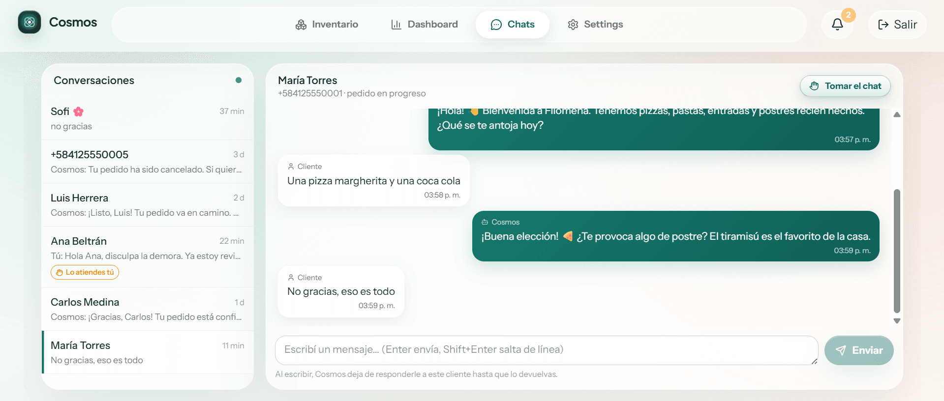 Módulo de chats de Cosmos con la lista de conversaciones y una conversación abierta